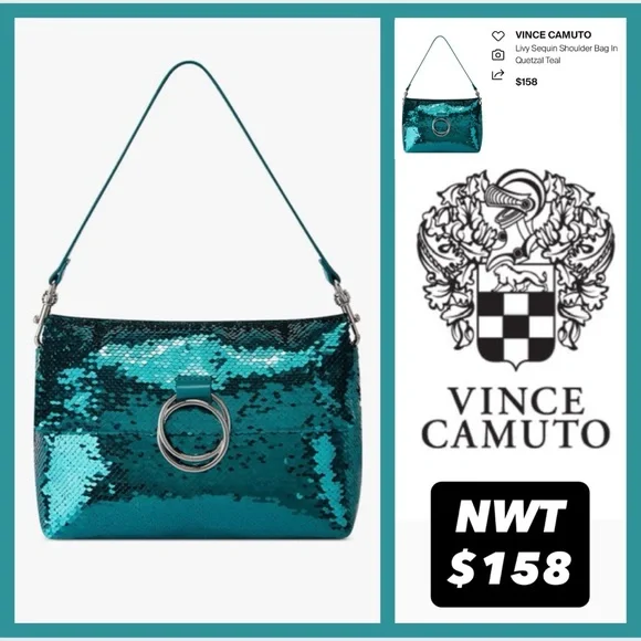 Vince Camuto sequin shoulder bag- Livy-Quetzal Teal NWT $158 Emerald Blue-Green - Picture 1 of 14